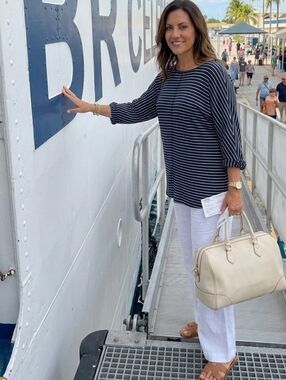 Max Studio Weekend Striped Boat Neck Tunic Top Tie Sleeve Navy White XL